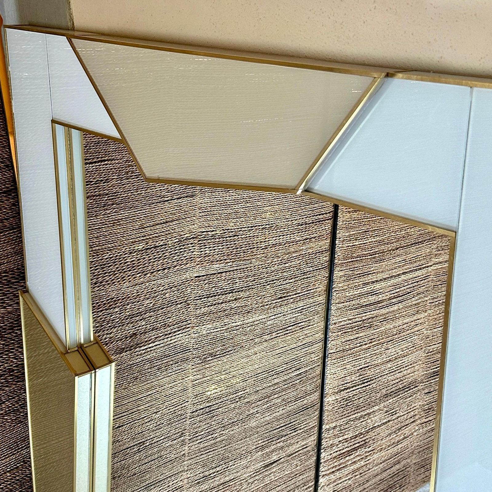 Late 20th Century Italian Light Grey & Gold Opaline Glass W/ Brass Wall Mirror photo furniture