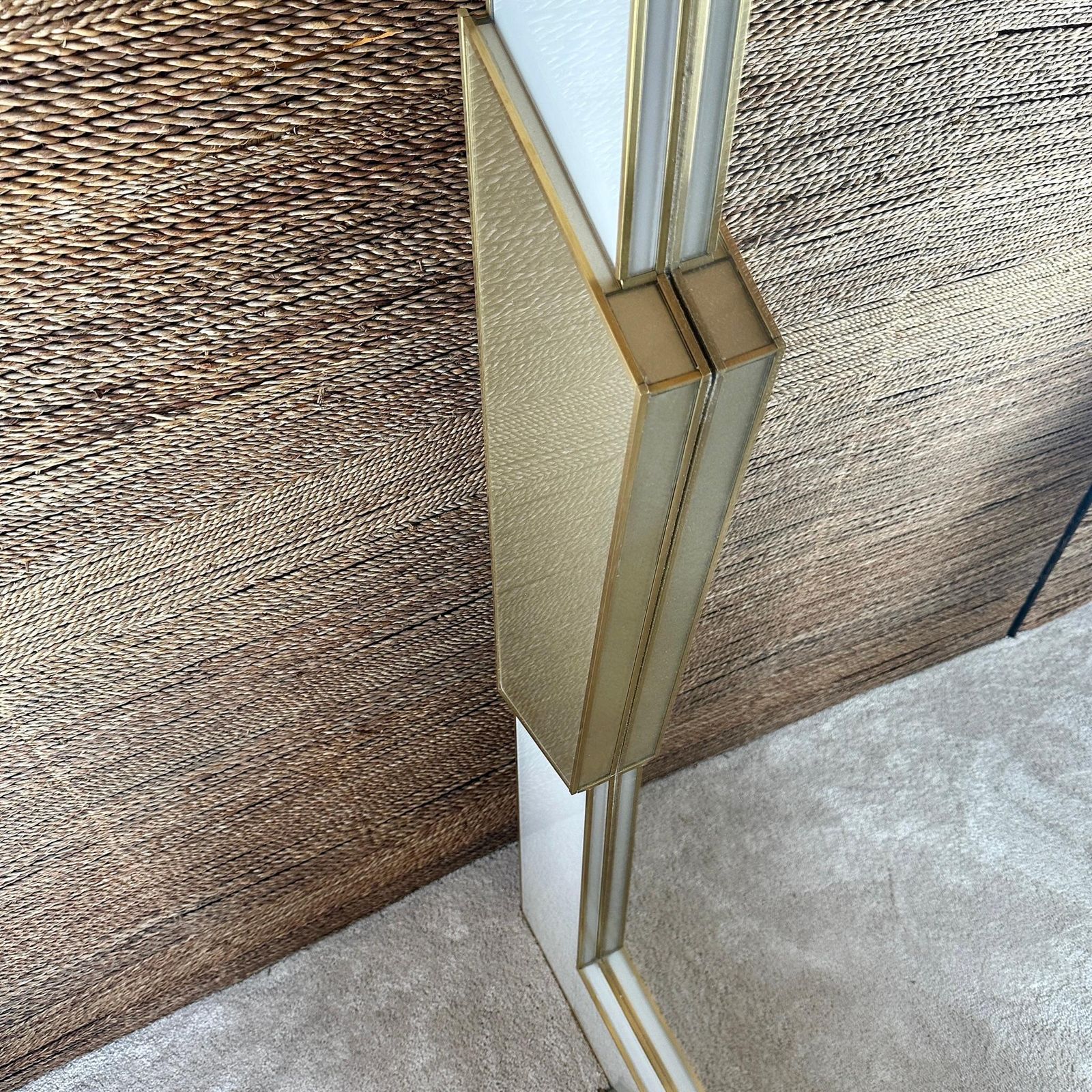 Late 20th Century Italian Light Grey & Gold Opaline Glass W/ Brass Wall Mirror photo Home Decor