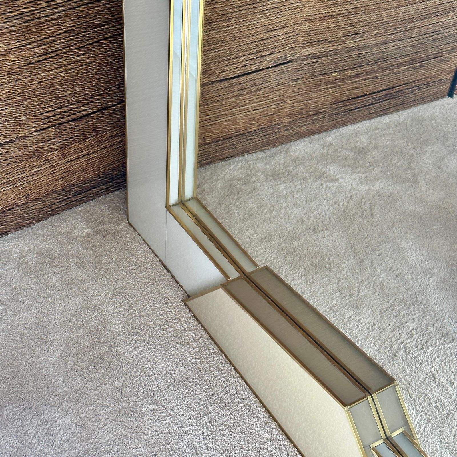 Late 20th Century Italian Light Grey & Gold Opaline Glass W/ Brass Wall Mirror photo vinterior