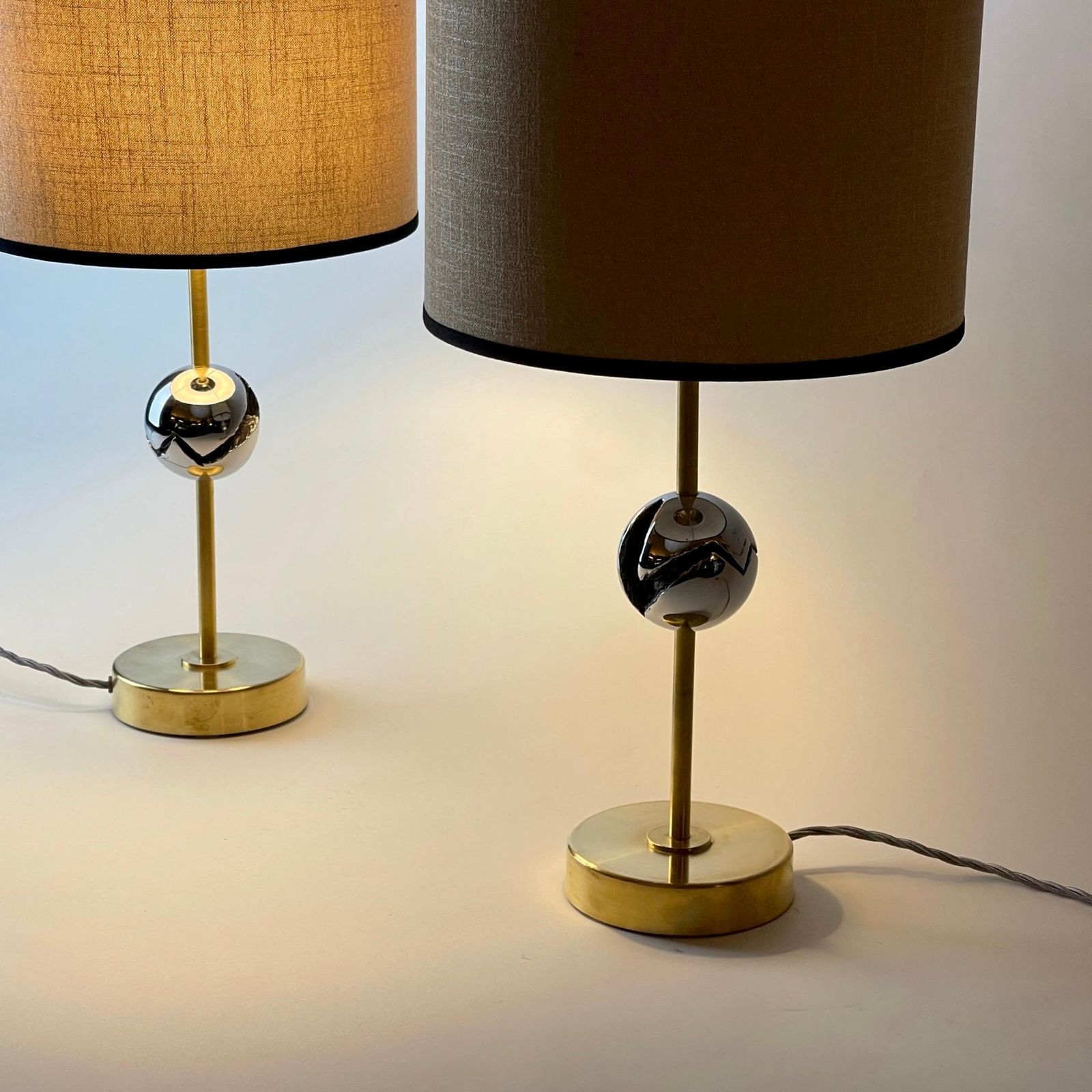 Late20th Century Pair Of Italian Sculptural Nickel & Brass Table Lamps W/ Shades photo 2467.0