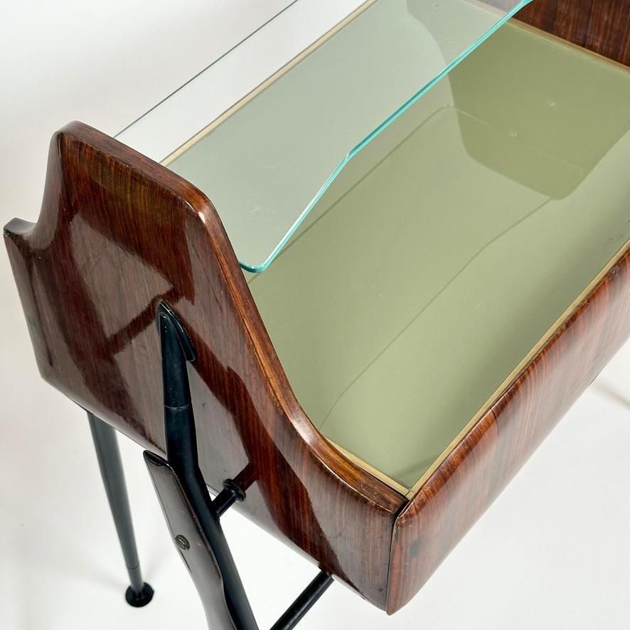 1950's Pair Of Italian Wood, Opaline Glass, Iron & Brass Night Stands W/ Drawers photo for sale