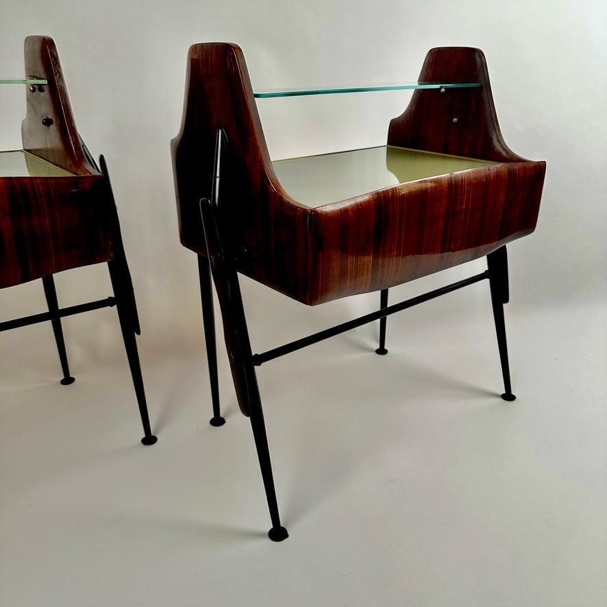 Furniture 1950's Pair Of Italian Wood, Opaline Glass, Iron & Brass Night Stands W/ Drawers photo