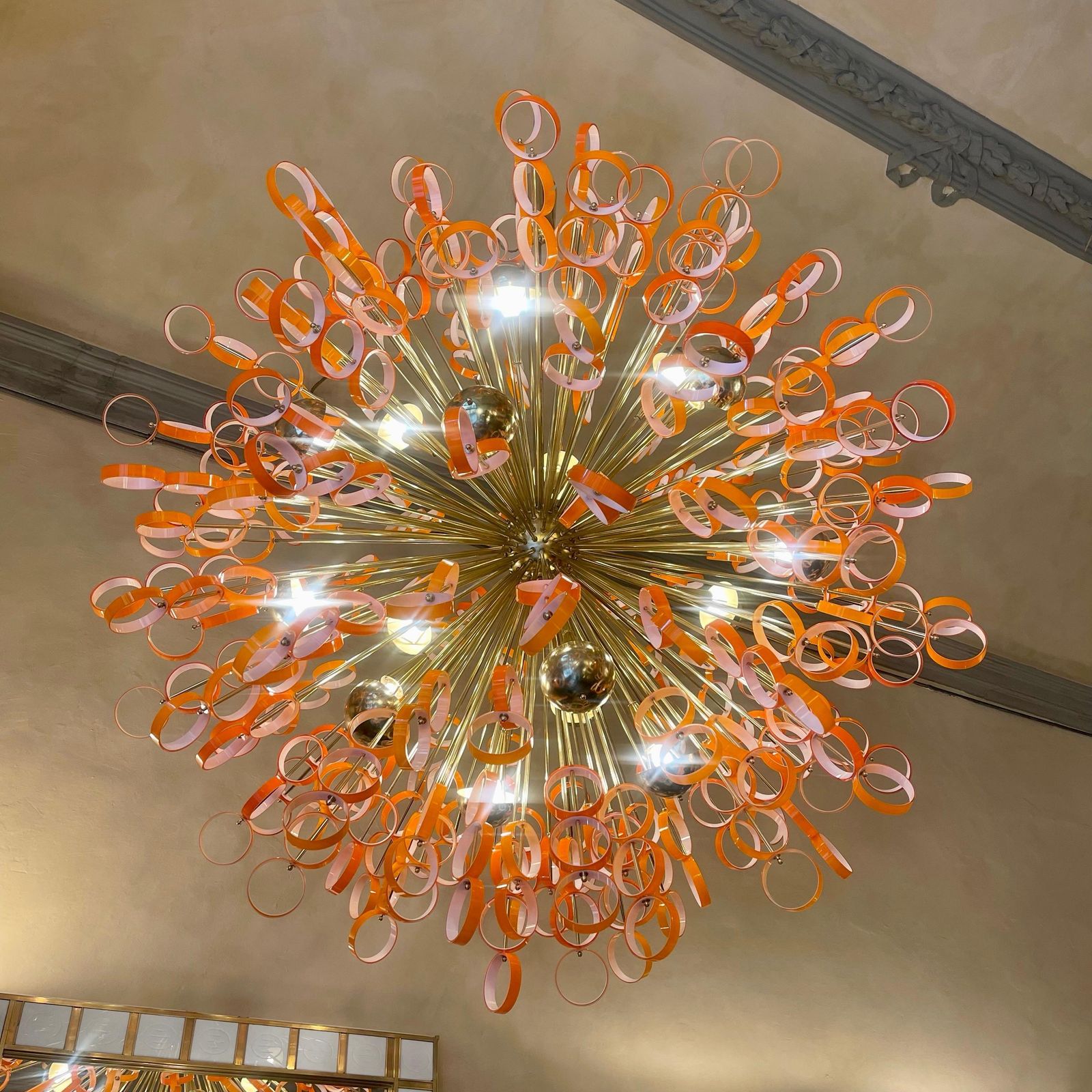 Late 20th Century Sputnik Chandelier In Jacketed Orange & White Glass By Vistosi photo for sale