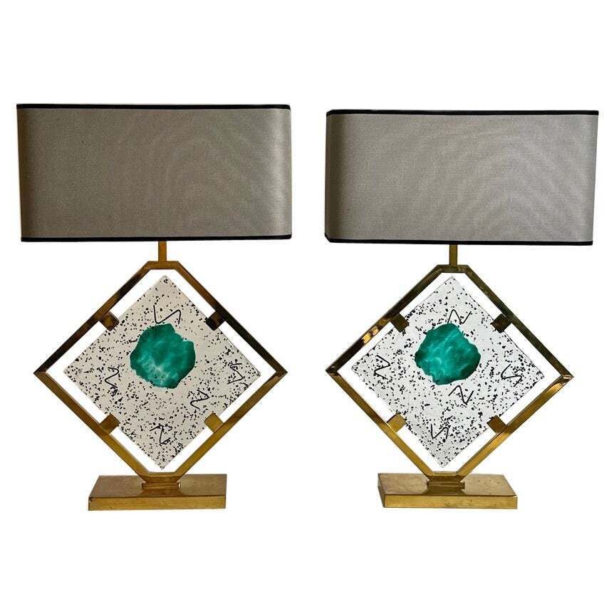 Late 20th Century Pair Of Transparent/Green Murano Art Glass & Brass Table Lamps