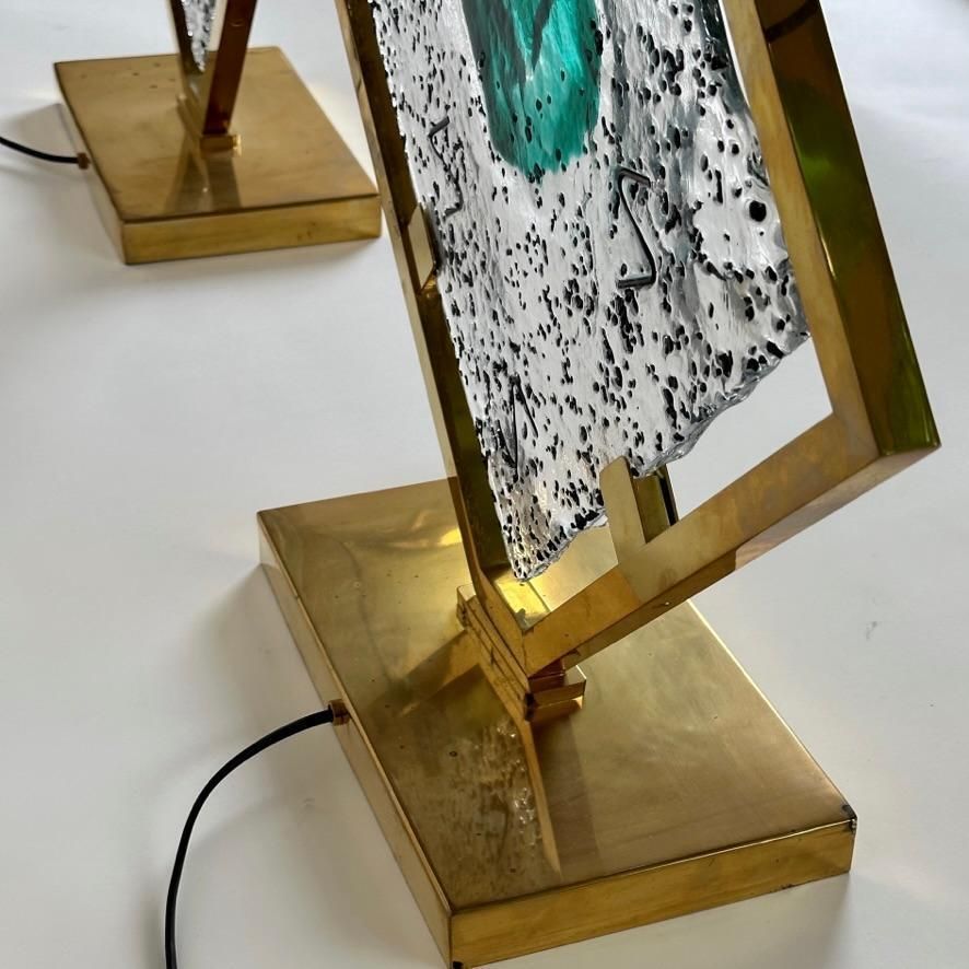 Late 20th Century Pair Of Transparent/Green Murano Art Glass & Brass Table Lamps photo Lighting