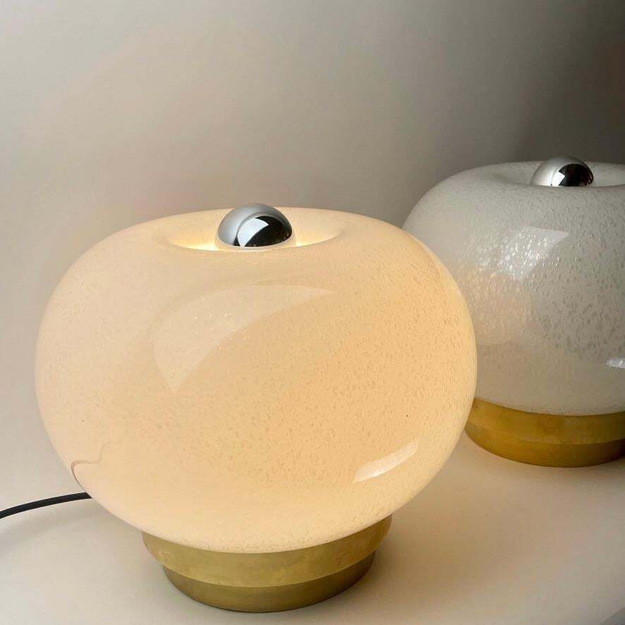 Late 20th Century Pair Of Round White Murano Art Glass & Brass Table Lamps photo for sale