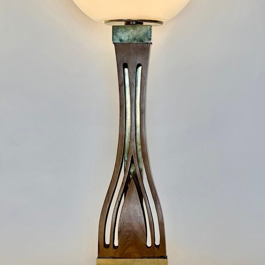 Late 20th Century Pair Of Walnut, Brass & Faded Blown Murano Glass Table Lamps photo buy