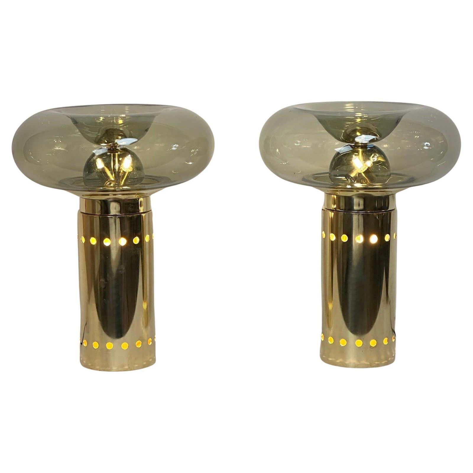 Late 20th Century Pair Of Brass & Smoked Grey Blown Murano Art Glass Table Lamps