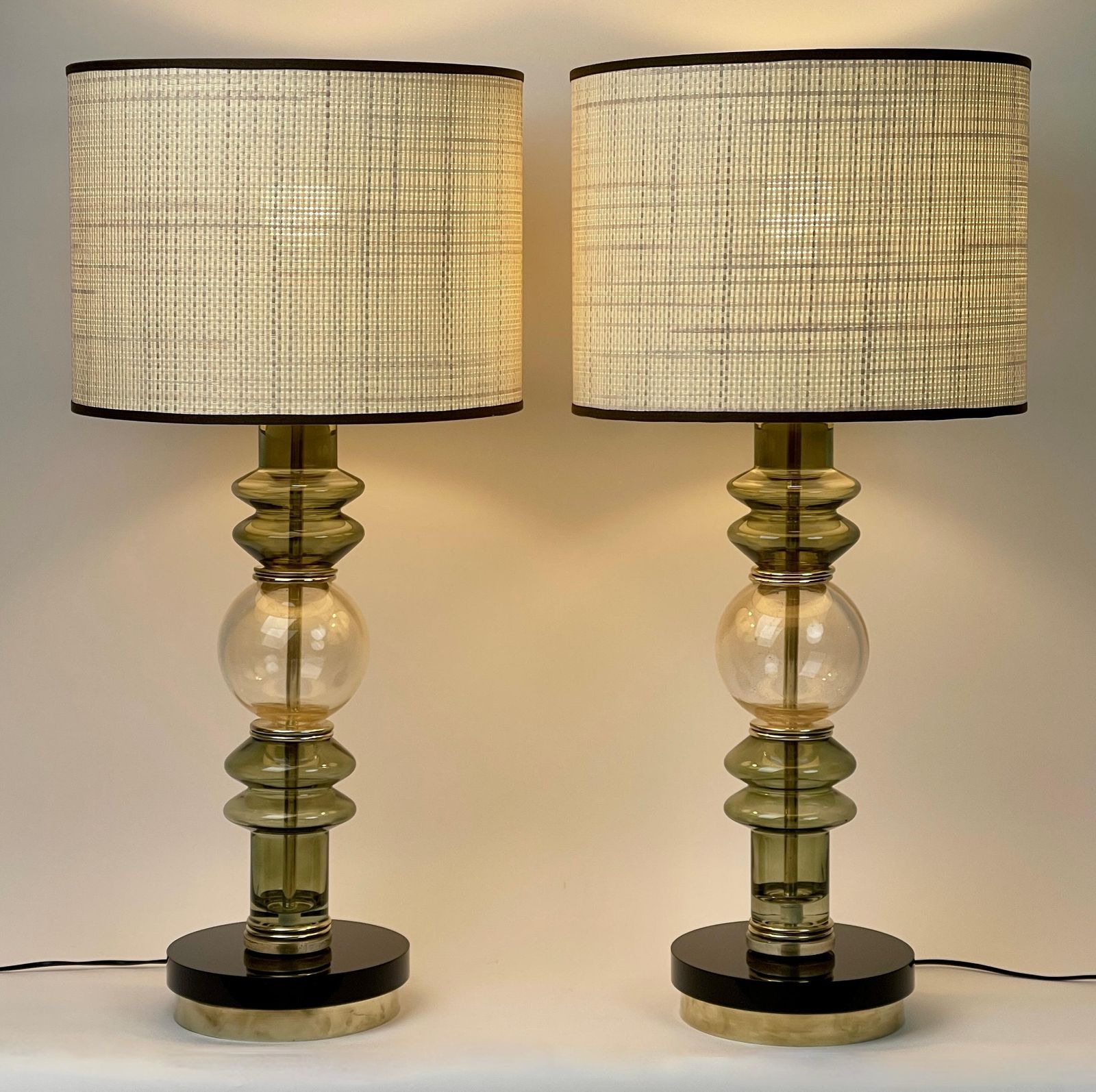 Late 20th Century Pair Of Brass & Green/Gold Murano Art Glass Table Lamps photo furniture