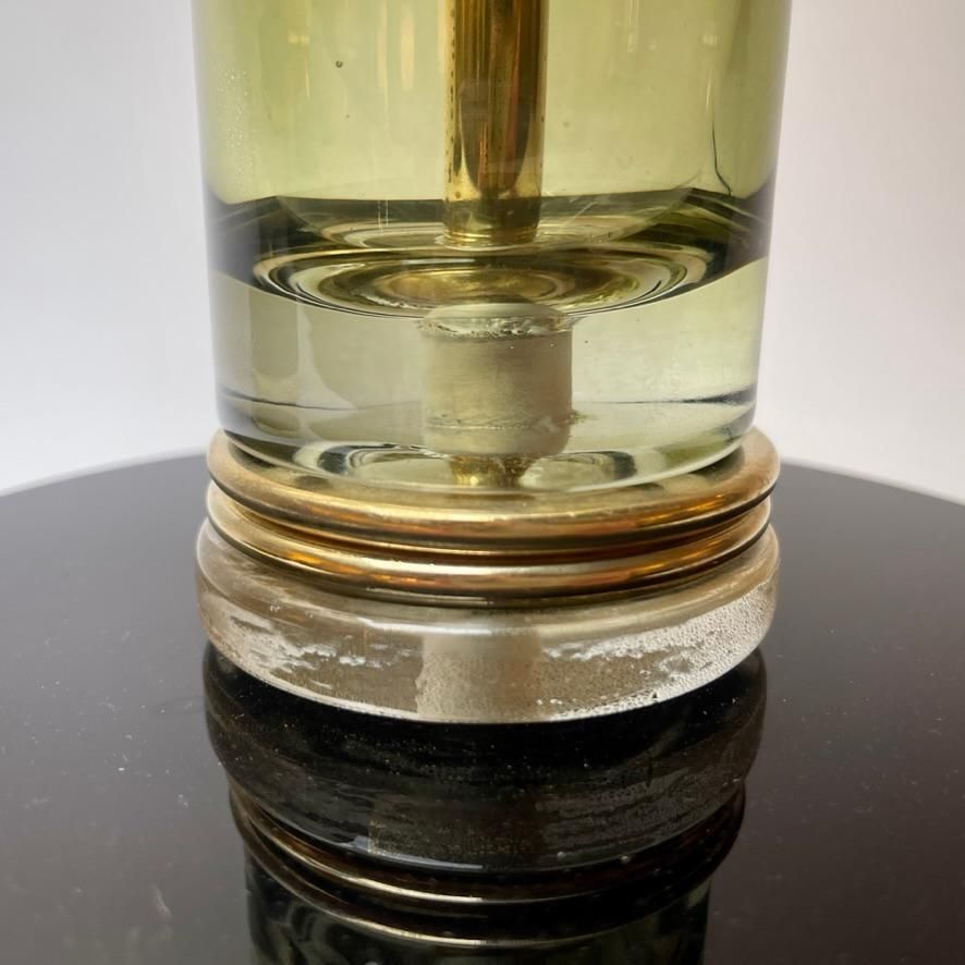 photo for sale Late 20th Century Pair Of Brass & Green/Gold Murano Art Glass Table Lamps