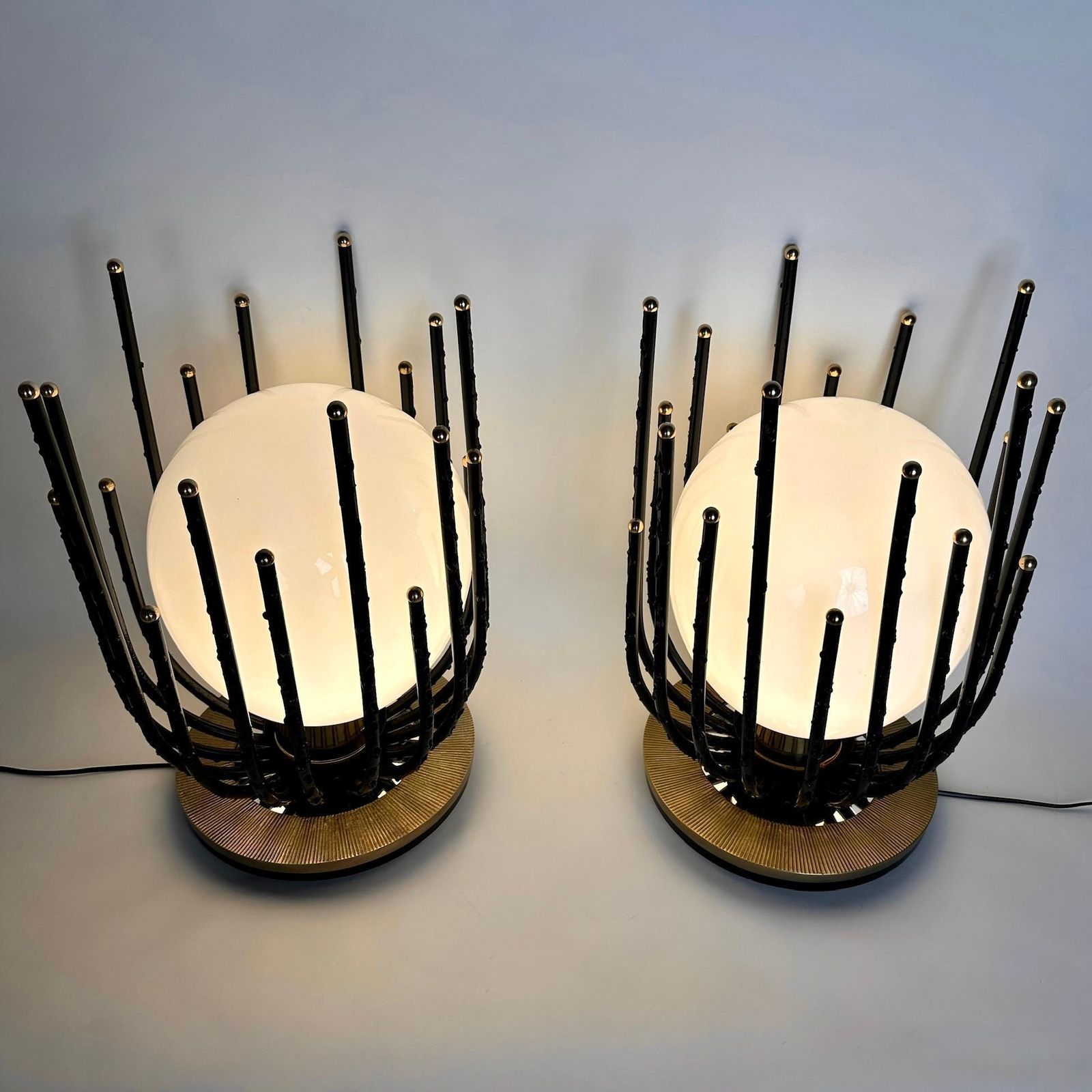 Late20th Century Pair Of Black Iron, Brass & Opaline Glass Brutalist Table Lamps photo for sale