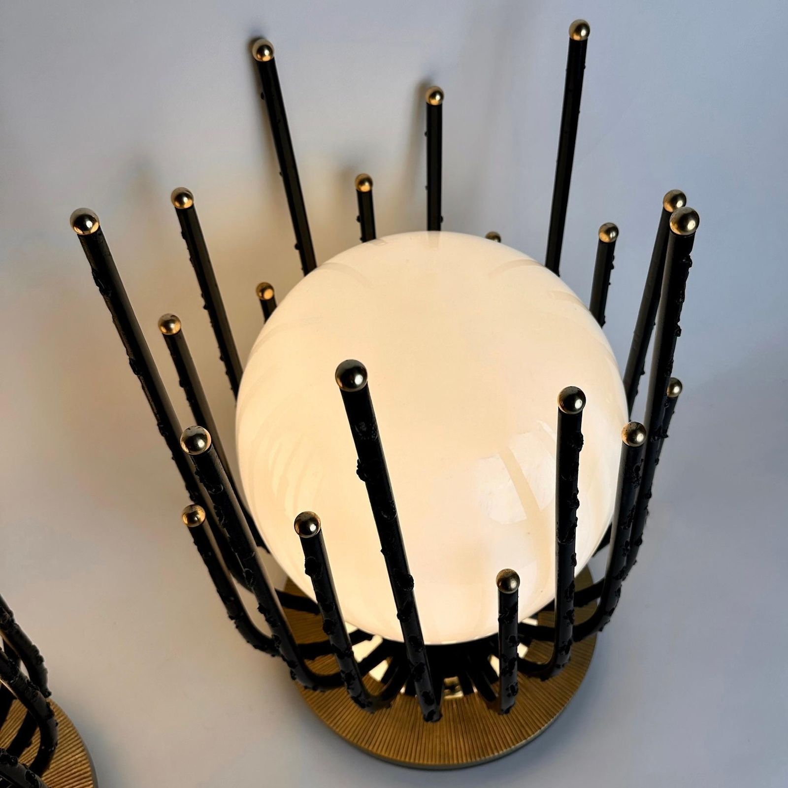 Late20th Century Pair Of Black Iron, Brass & Opaline Glass Brutalist Table Lamps photo vinterior
