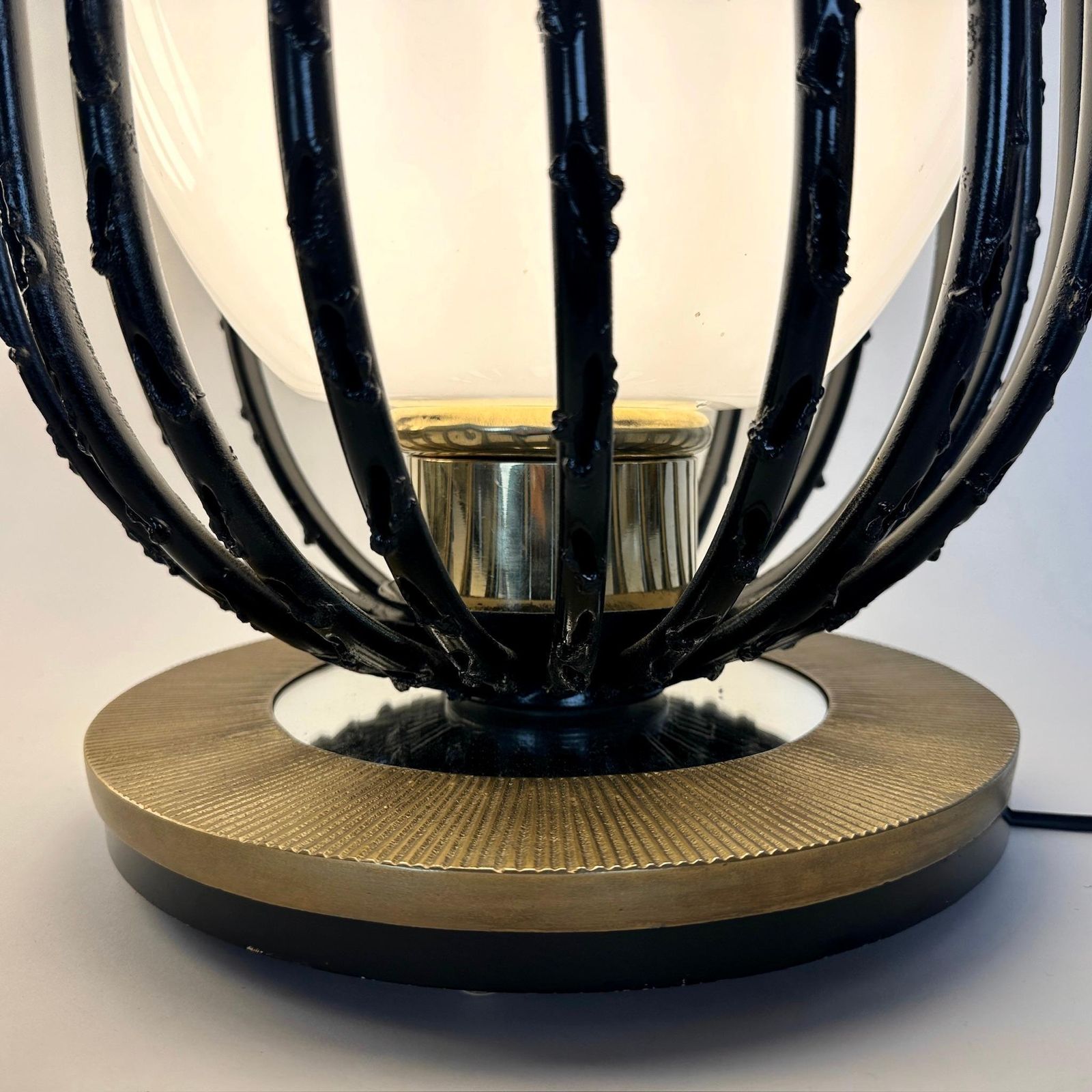 Late20th Century Pair Of Black Iron, Brass & Opaline Glass Brutalist Table Lamps photo vintage