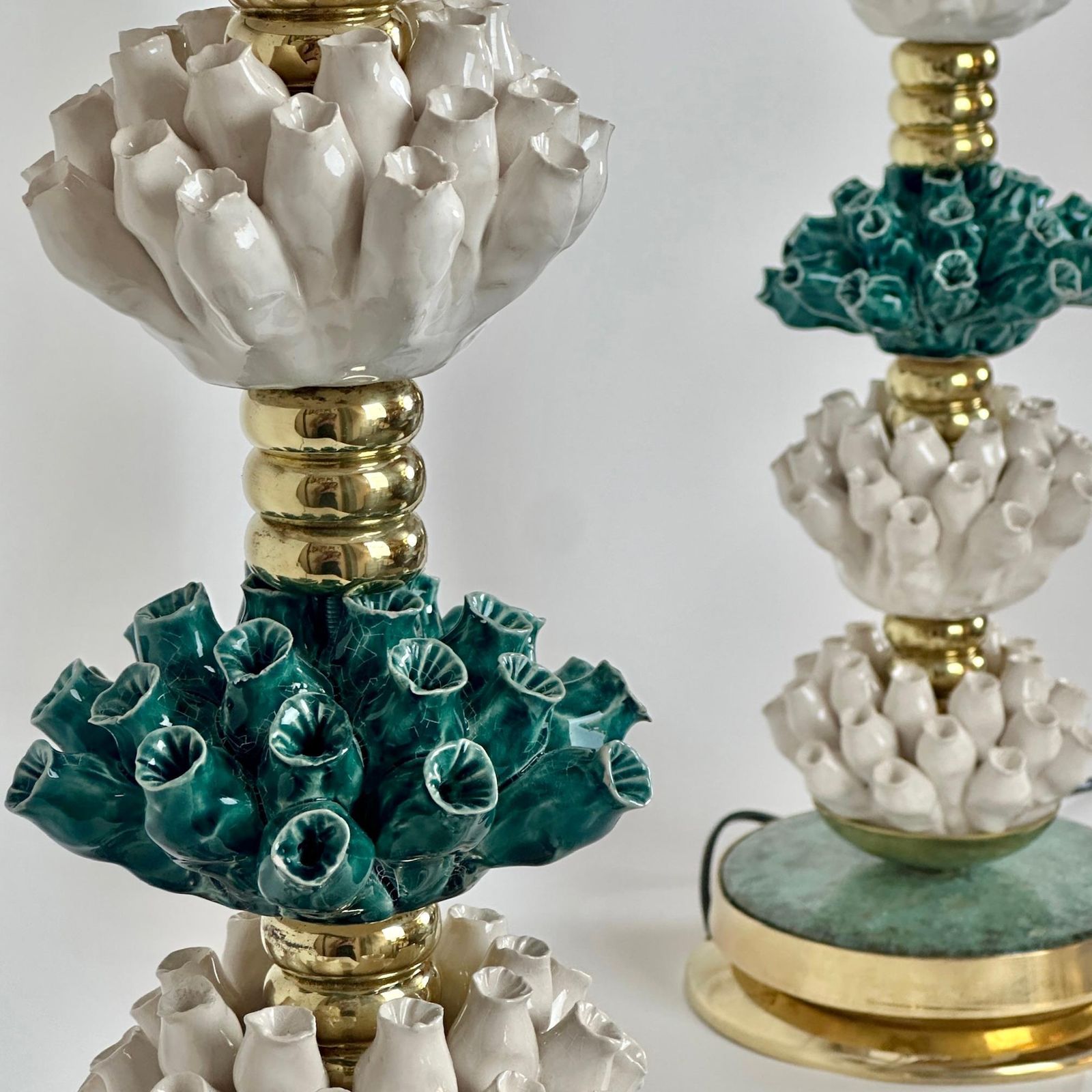 Late 20th Century Pair Of Italian Brass W/ Green & White Ceramic Table Lamps photo Lighting
