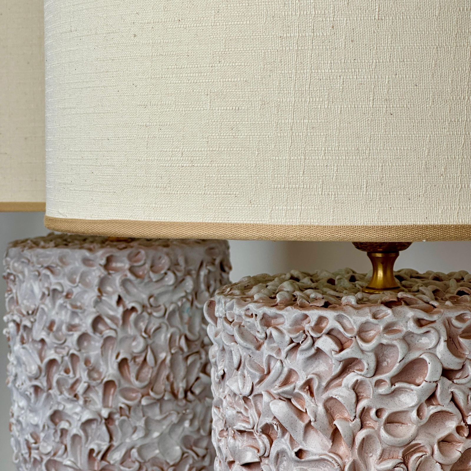 Late 20th Century Pair Of Italian White Ceramic Sculptural Table Lamps W/ Shades photo for sale