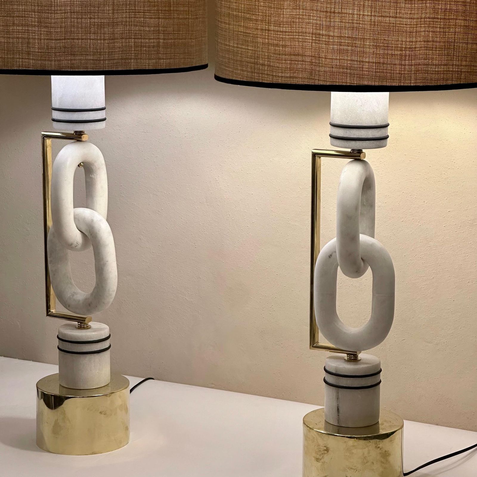 Late 20th Century Pair Of Italian Brass & White Carrara Marble Table Lamps photo for sale