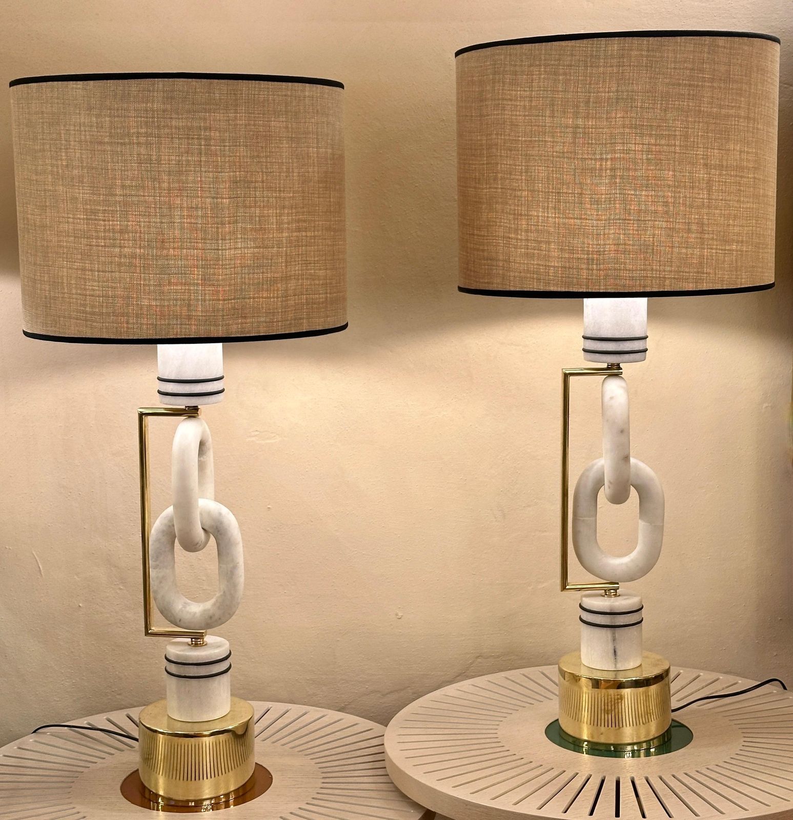 photo furniture Late 20th Century Pair Of Italian Brass & White Carrara Marble Table Lamps