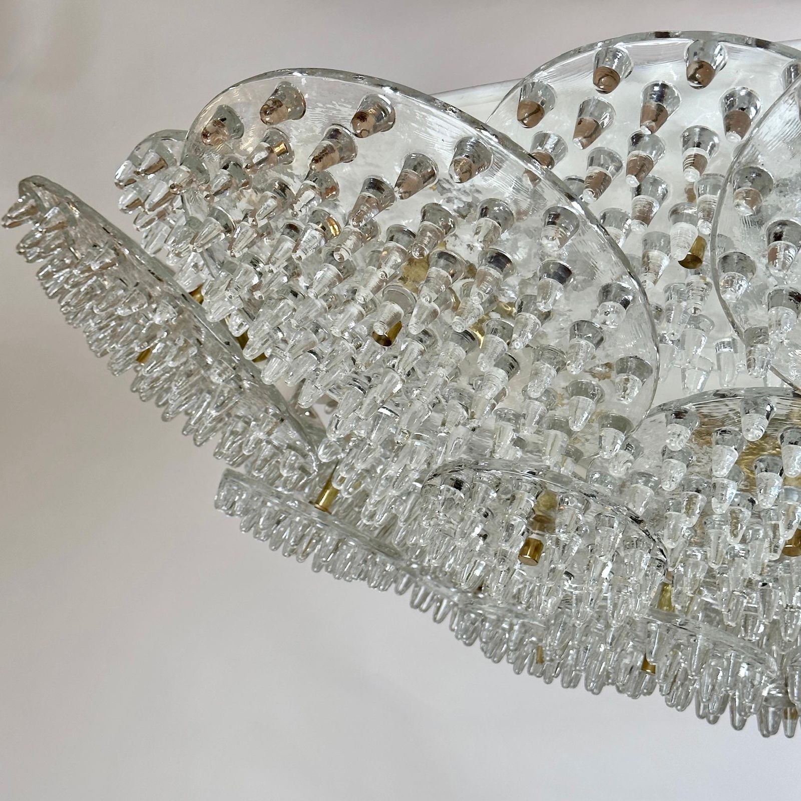 Late 20th Century Metal & Brass W/ Transparent Murano Glass Disks Flush Mount photo for sale