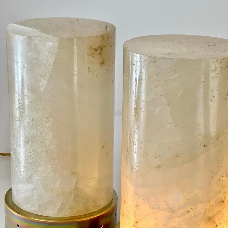 Late 20th Century Pair Of Round Brass & White Rock Crystal Stone Table Lamps photo for sale