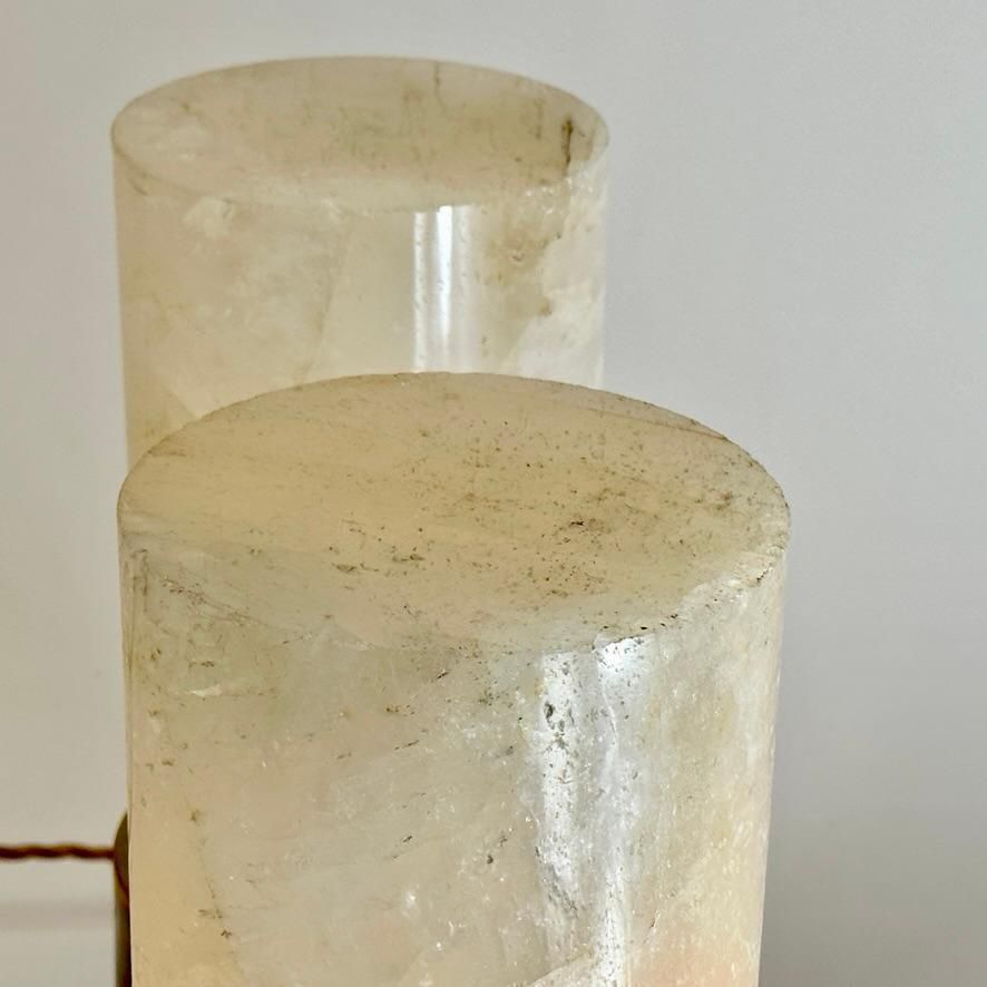 Late 20th Century Pair Of Round Brass & White Rock Crystal Stone Table Lamps photo vintage