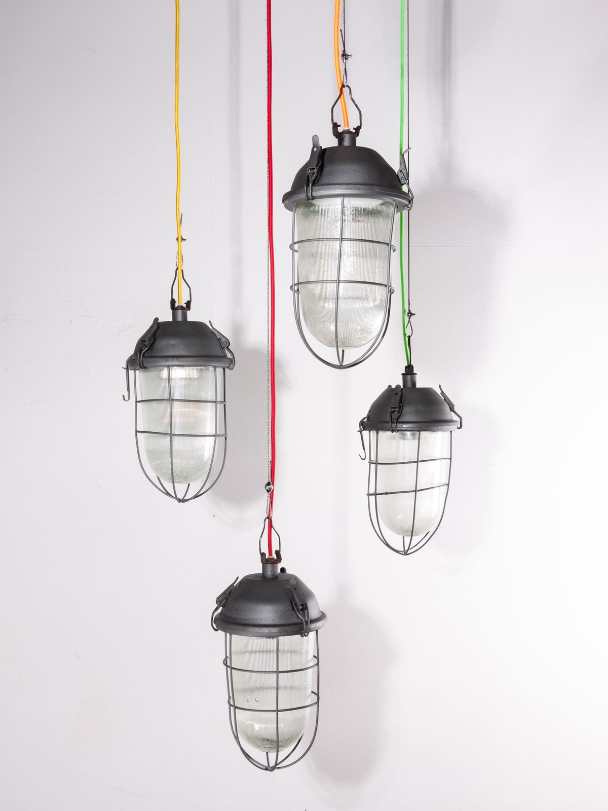 1960s Industrial Caged Hanging Ceiling Pendant Lamps/Lights With Original Glass photo furniture