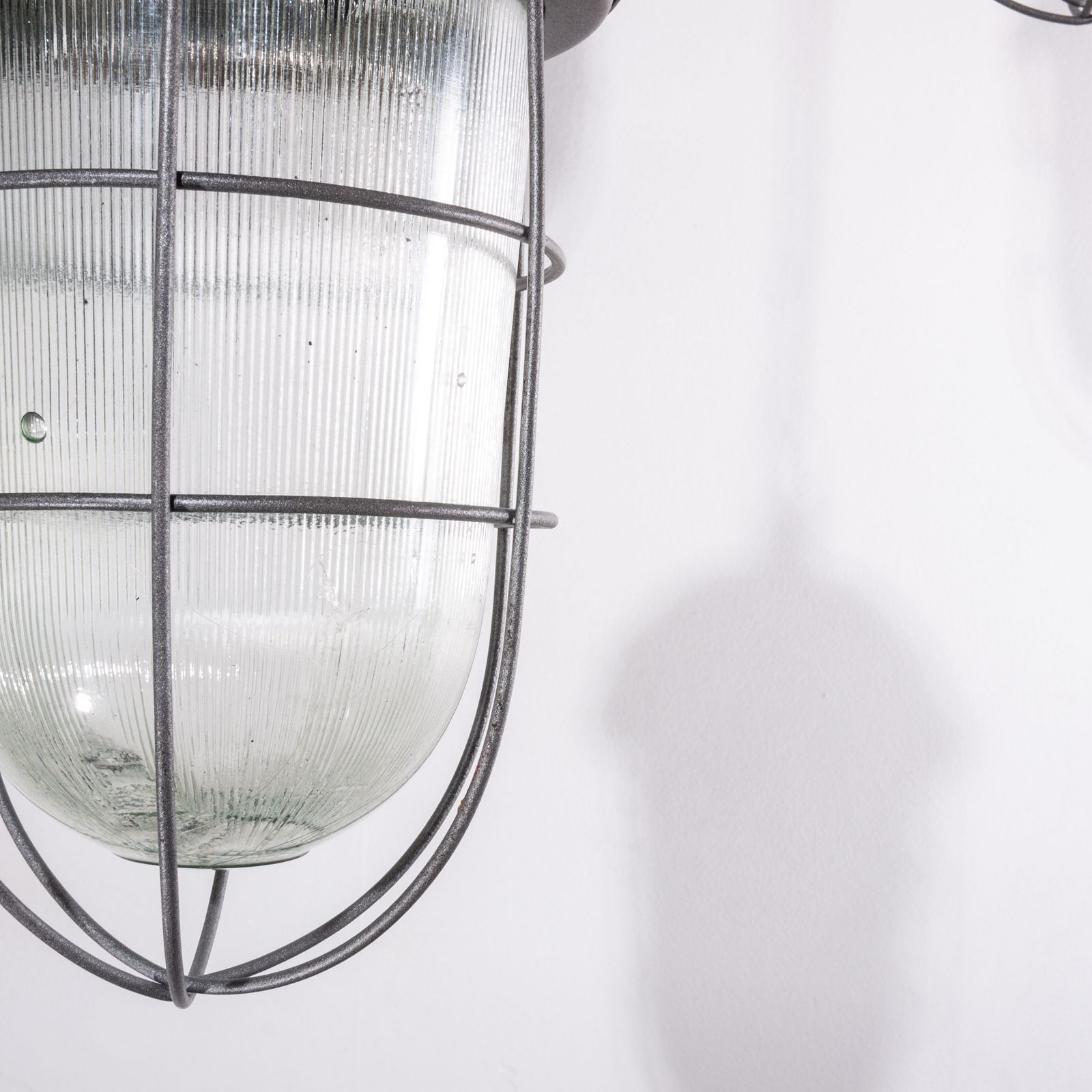 photo for sale 1960s Industrial Caged Hanging Ceiling Pendant Lamps/Lights With Original Glass