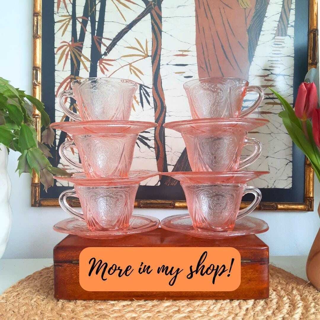 6 Art Deco Pink Pressed Glass Tea Cups And Saucers By Hazel Atlas Royal Lace Pattern photo furniture