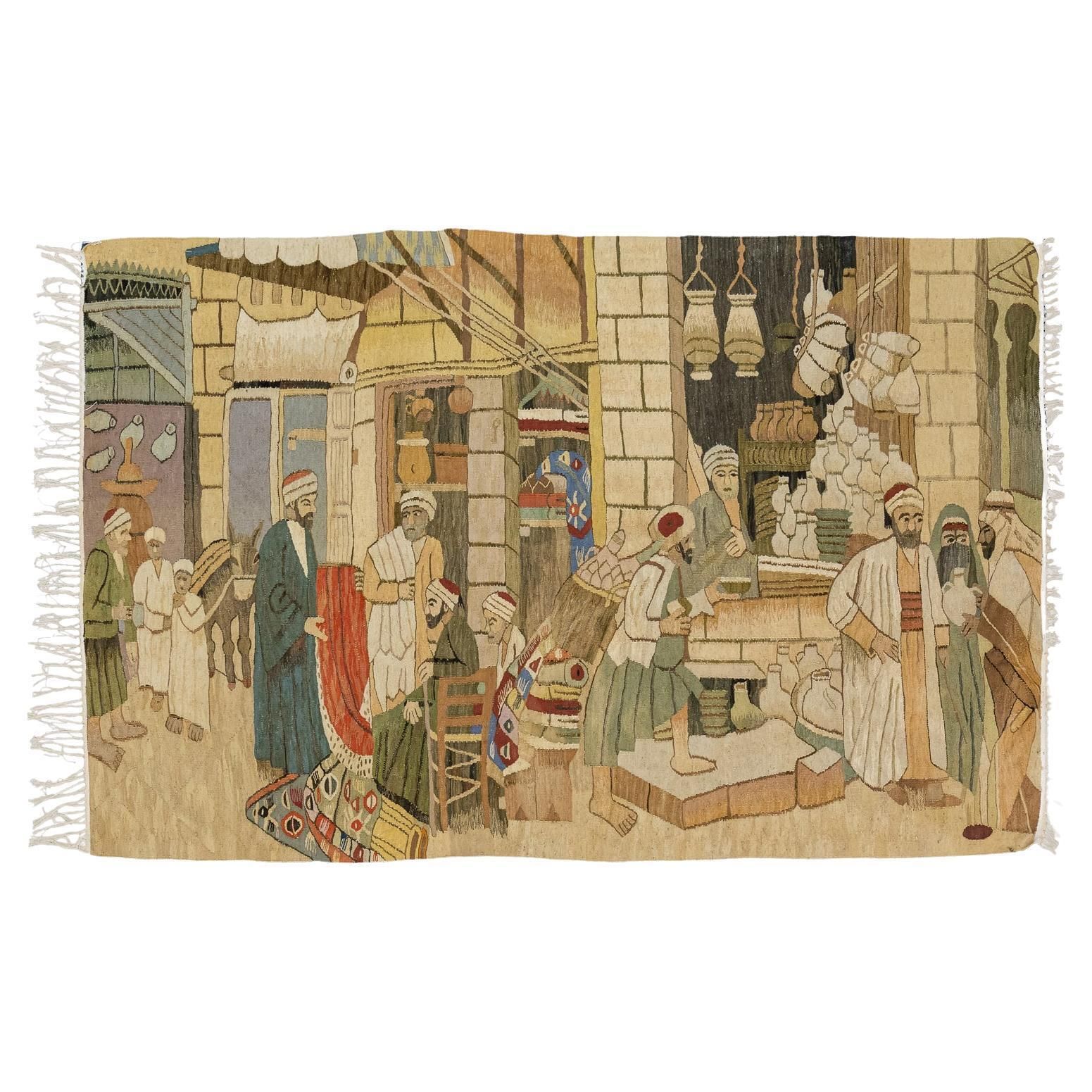 Vintage Kilim Oriental Market 'Baazar' Design, Ca. 1920