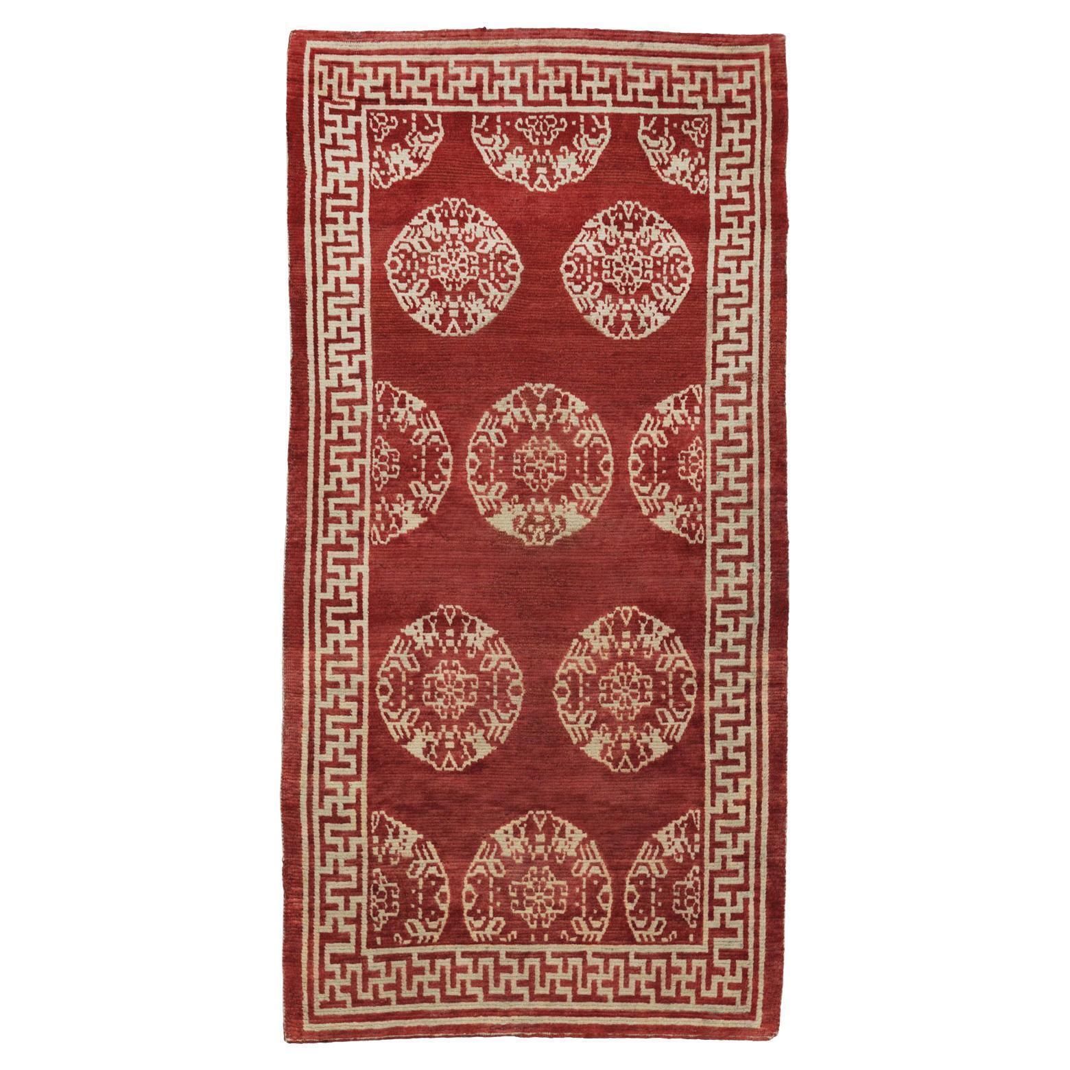 Antique Tibetan Geometric Beige Colored Medallions Wool Rug, Ca. 1900