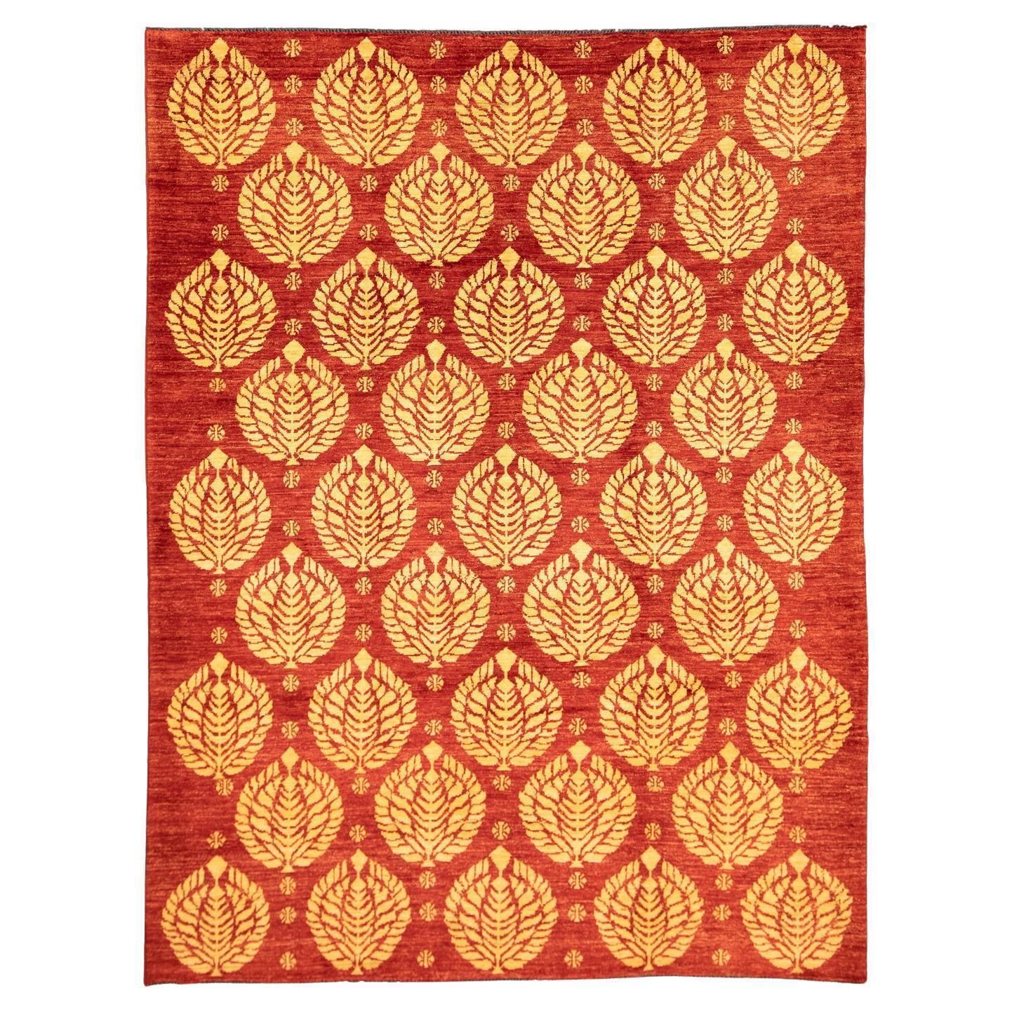 Bold Design Hand Knotted Vintage Red Field Etno Yadan Rug, Xxi Century