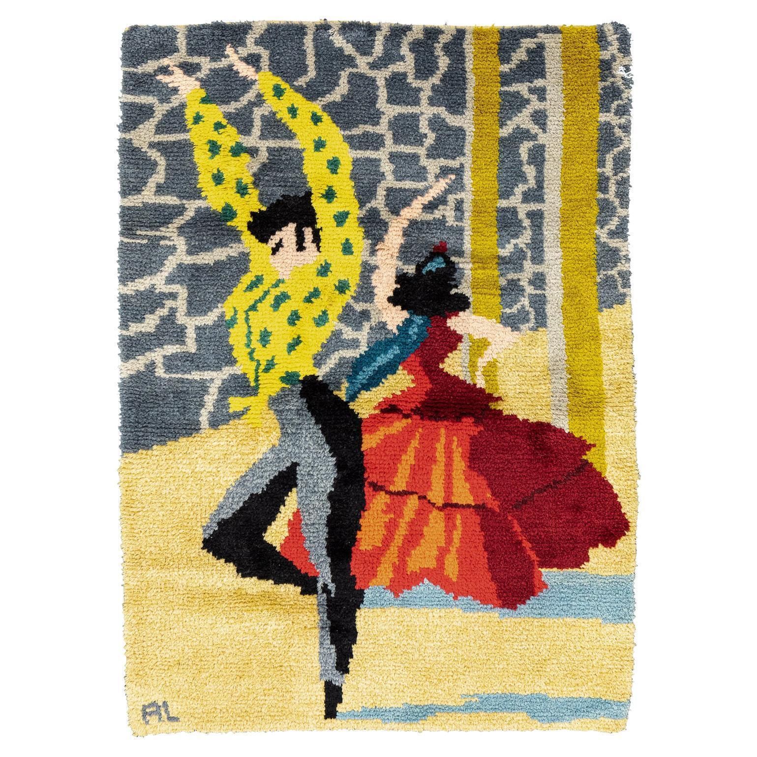 Vintage Spanish Signed Flamenco Dance Design Rug, 1950 1970