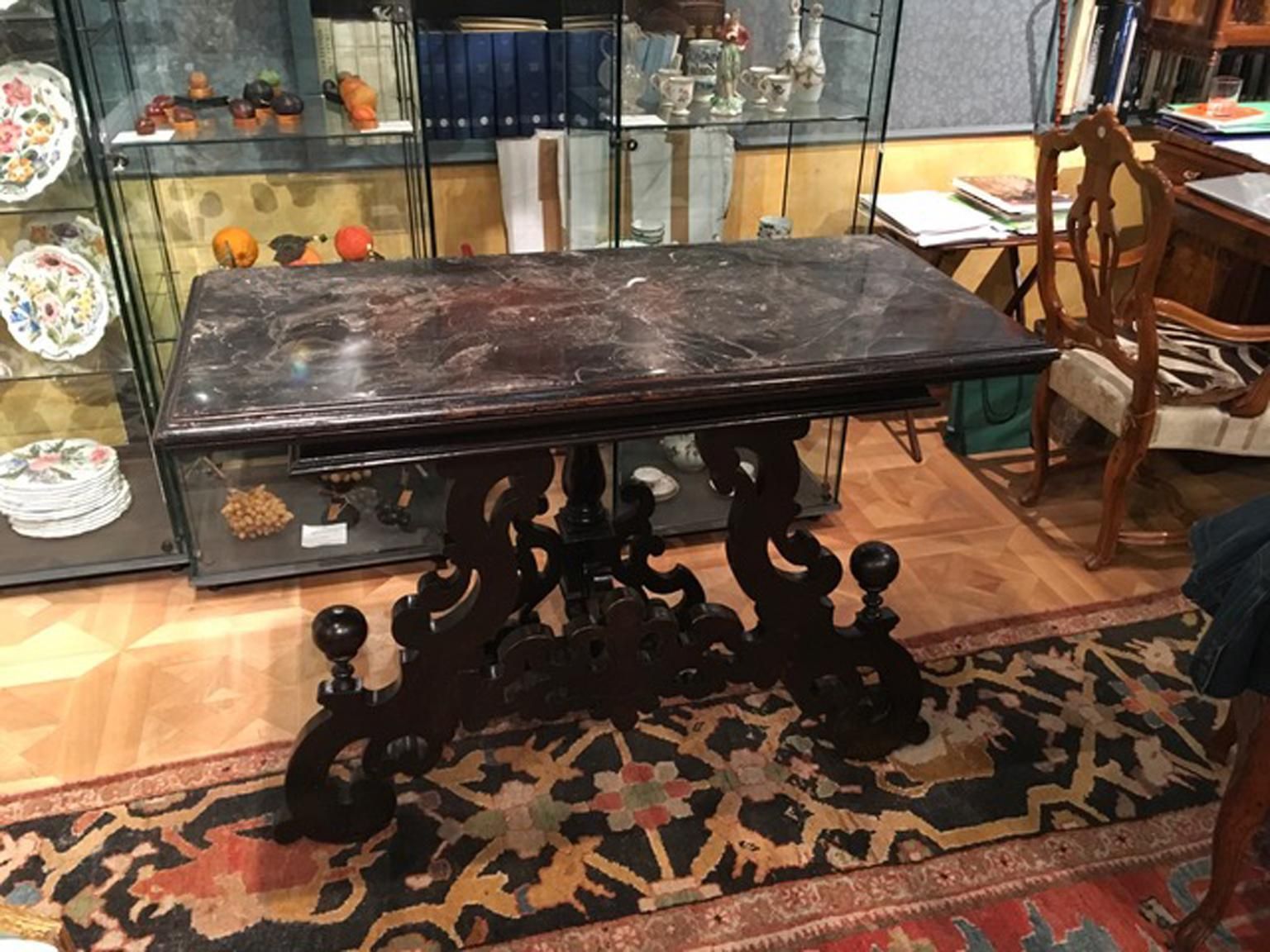 Furniture Late 17th Century Italian Wood Ebony Hand Carved Black Marble Console photo