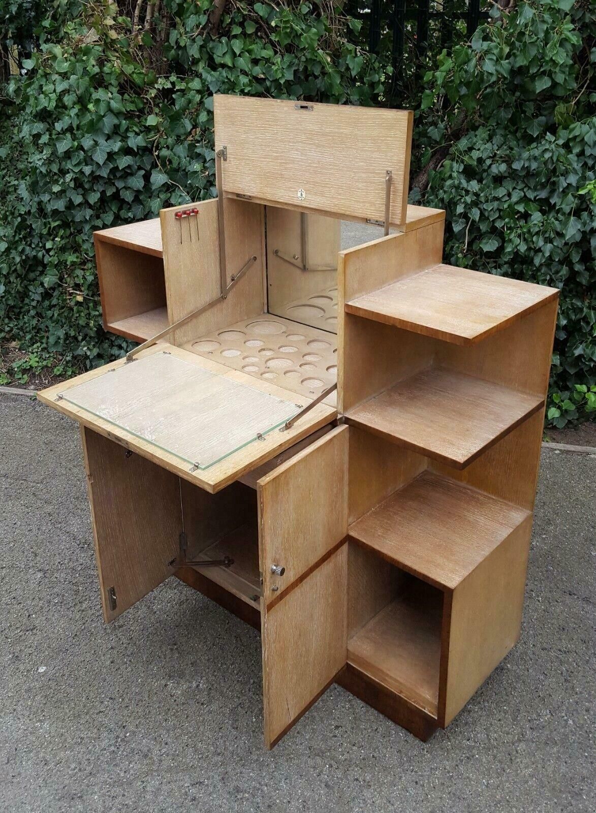 Furniture 1930s Art Deco Limed Oak Cocktail Cabinet Bookcase photo