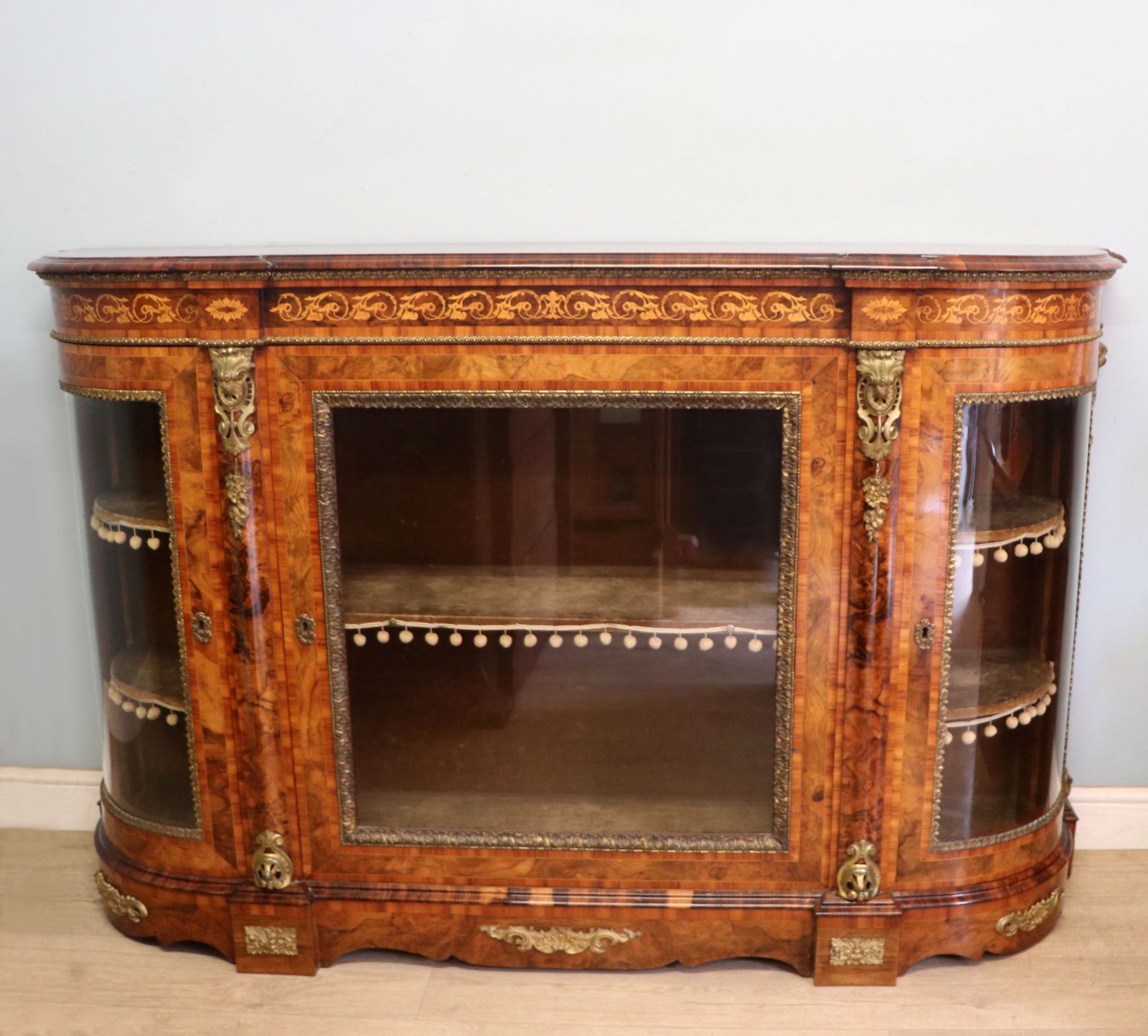 A Lovely Victorian Walnut Veneered, Inlaid And Gilt Metal Mounted Credenza Cabinet.