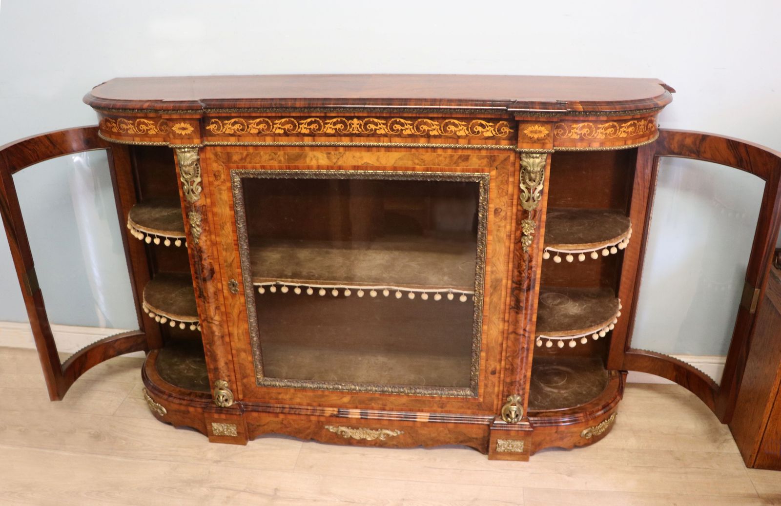 A Lovely Victorian Walnut Veneered, Inlaid And Gilt Metal Mounted Credenza Cabinet. photo buy