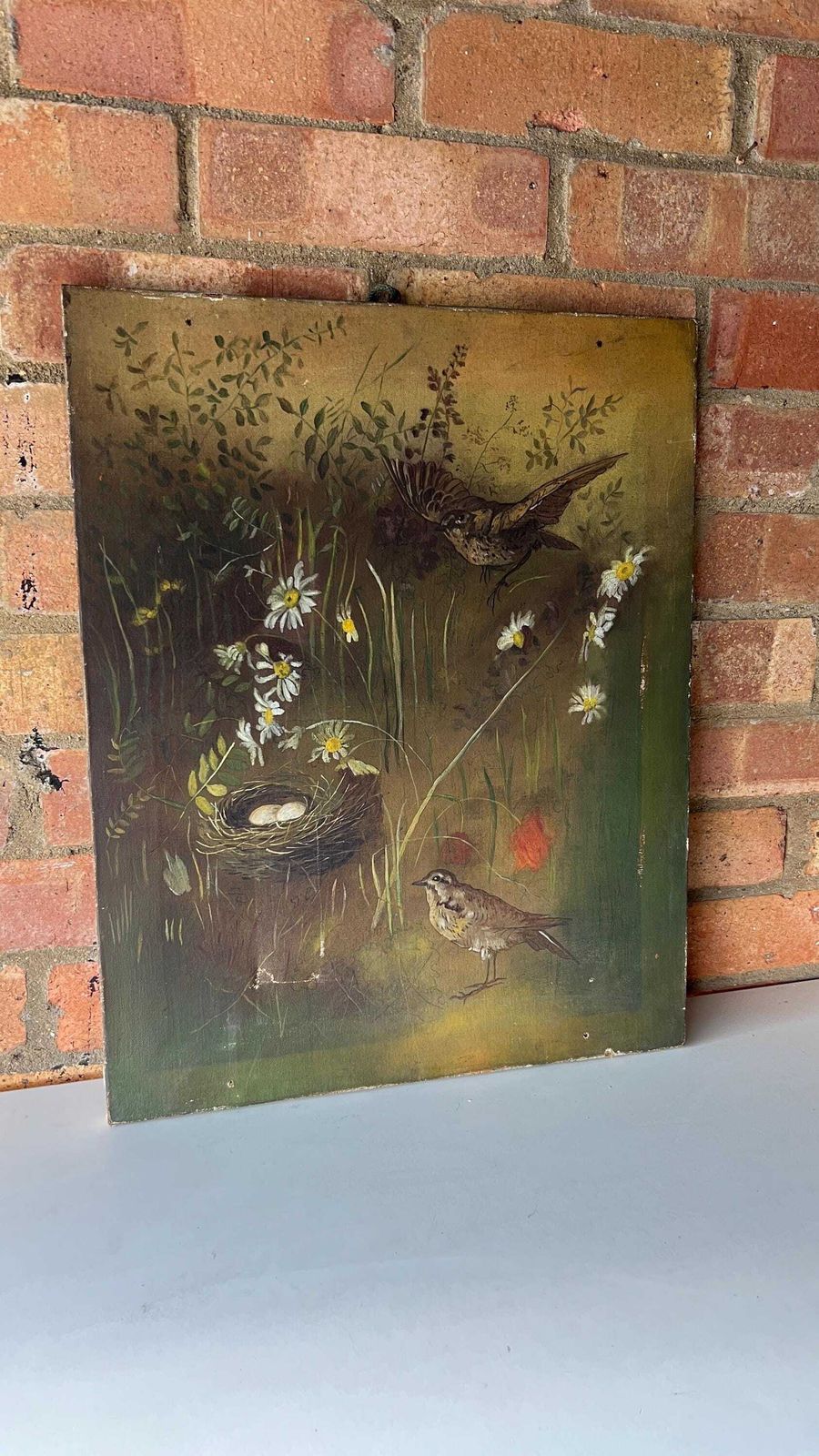 19th Century Oil Painting On Canvas – Nesting Birds In A Meadow