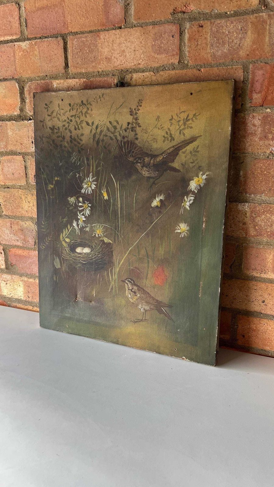photo for sale 19th Century Oil Painting On Canvas – Nesting Birds In A Meadow