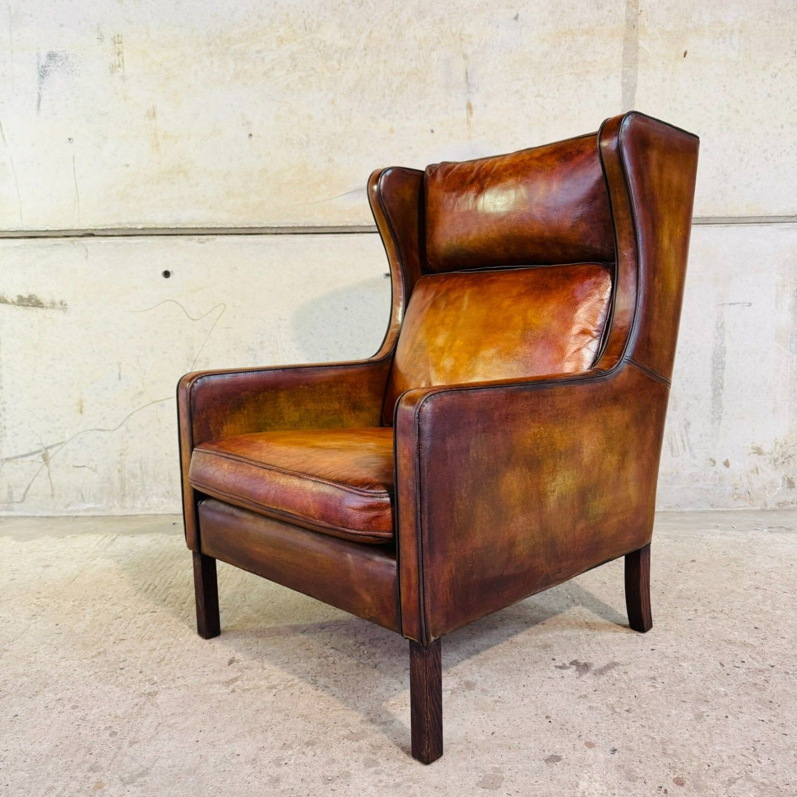 Vintage Danish High Back Patinated Tan Leather Armchair #A537 photo 995.0