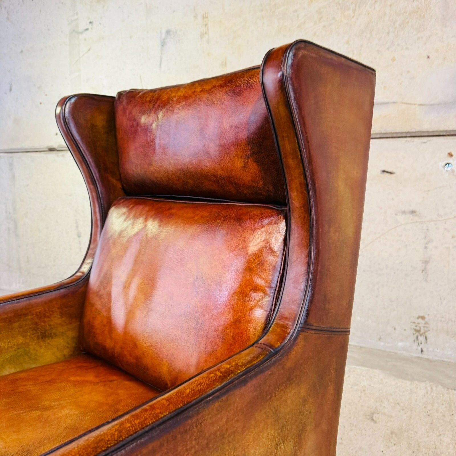Vintage Danish High Back Patinated Tan Leather Armchair #A537 photo vintage