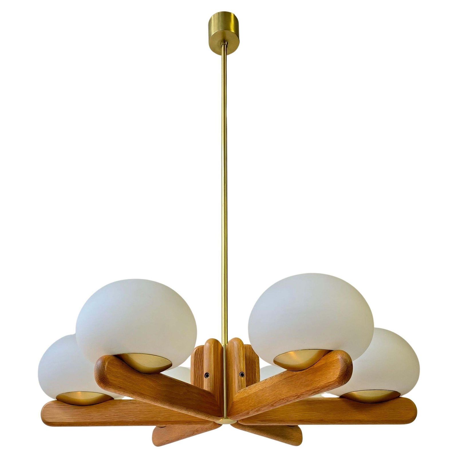 Wonderful Minimalistic Oak And Opal Glass Chandelier By Kaiser, Germany 1970s photo furniture
