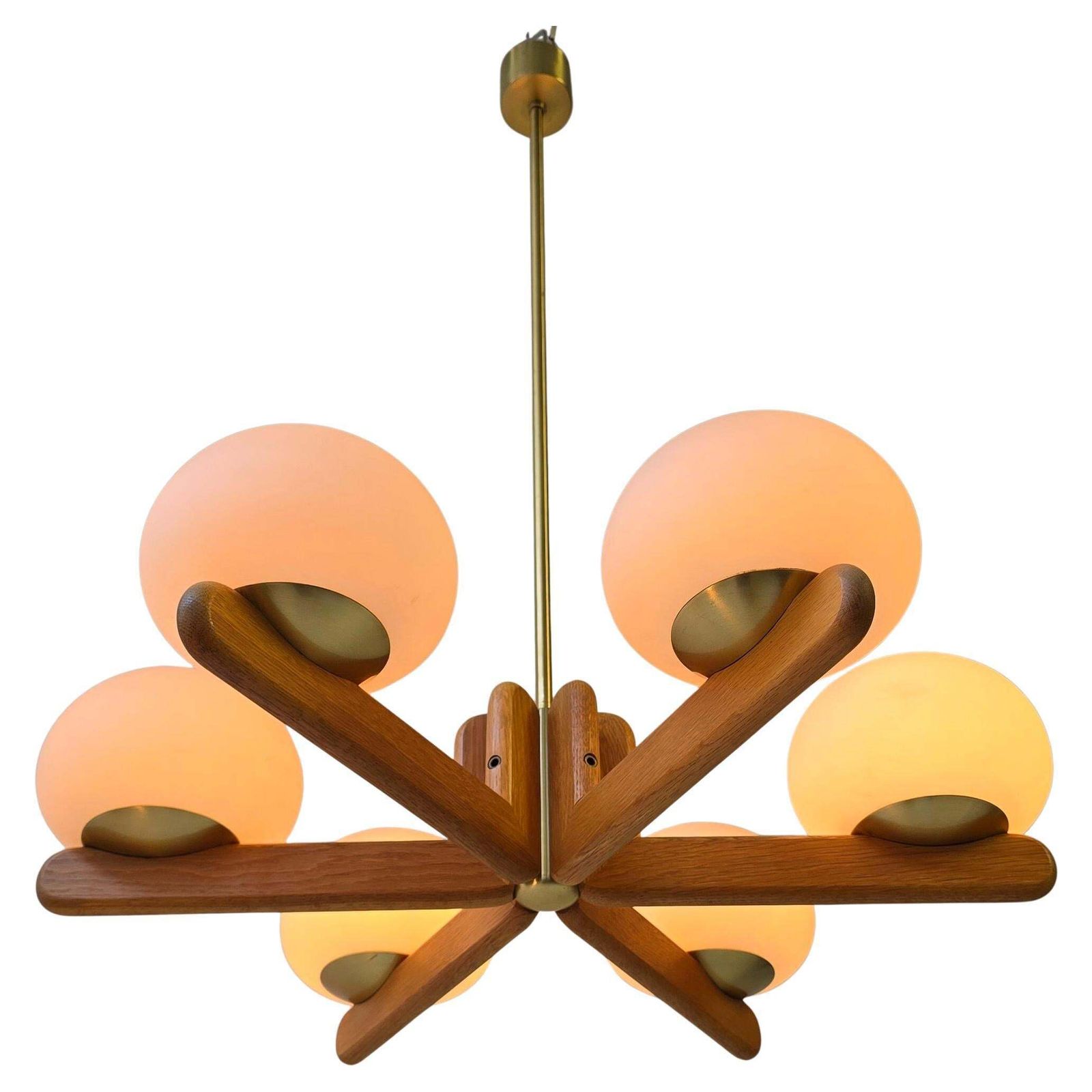 Wonderful Minimalistic Oak And Opal Glass Chandelier By Kaiser, Germany 1970s photo Lighting