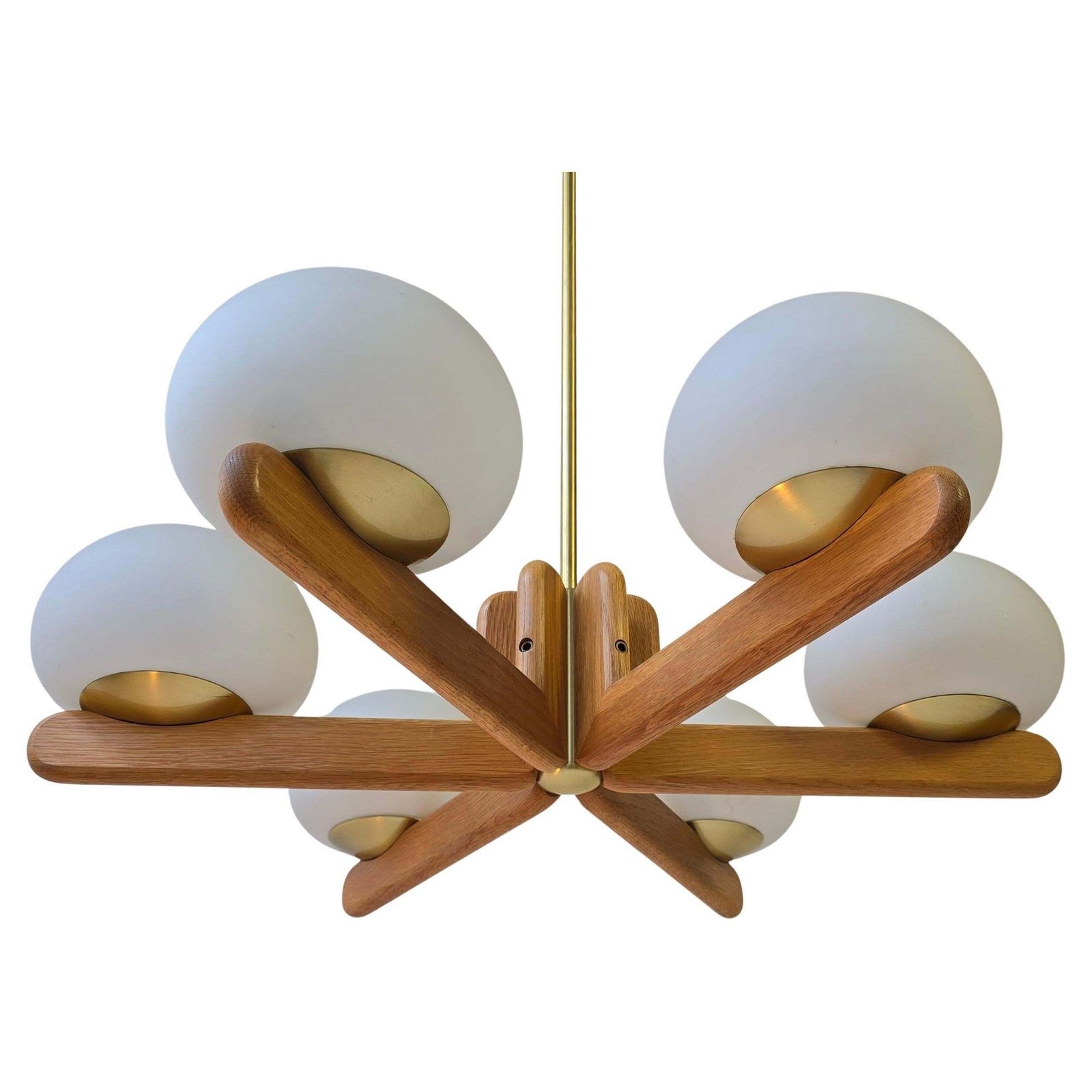 Wonderful Minimalistic Oak And Opal Glass Chandelier By Kaiser, Germany 1970s photo vintage