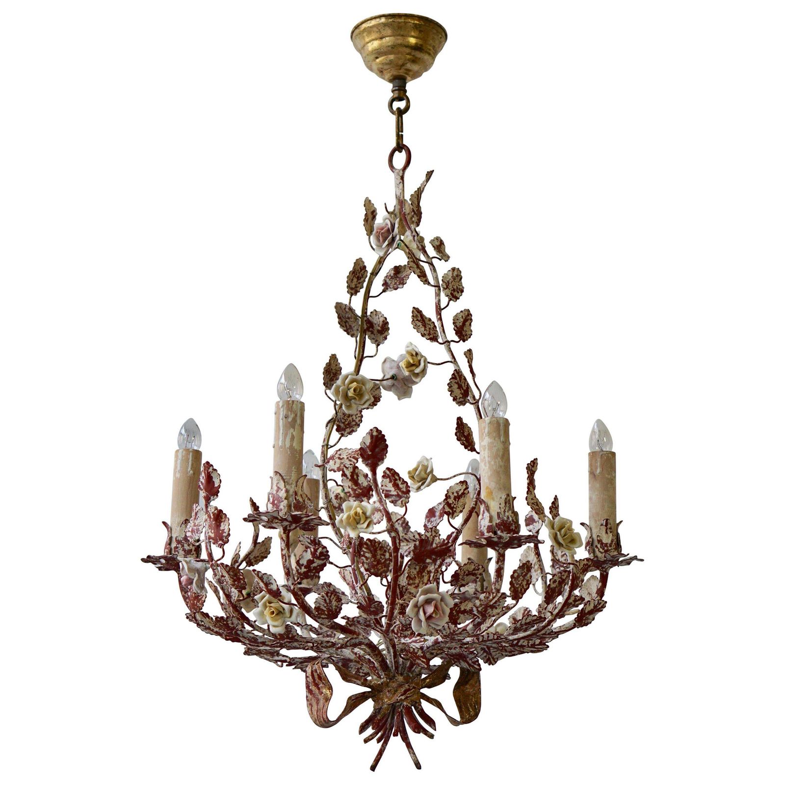Italian Tôle Chandelier With Porcelain Flowers, 1960s