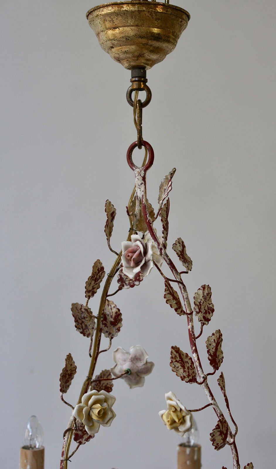 photo buy Italian Tôle Chandelier With Porcelain Flowers, 1960s