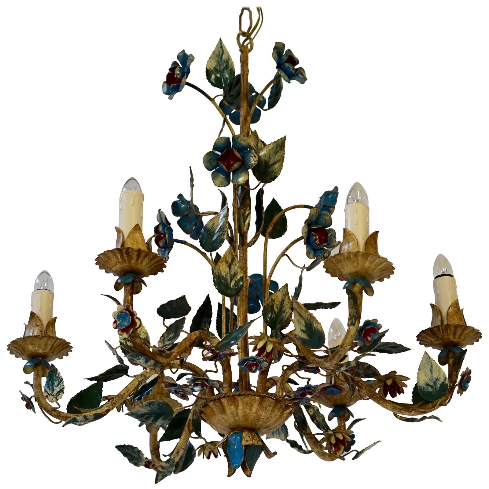Mid 20th Century Italian Painted Iron And Tole Chandelier With Flowers