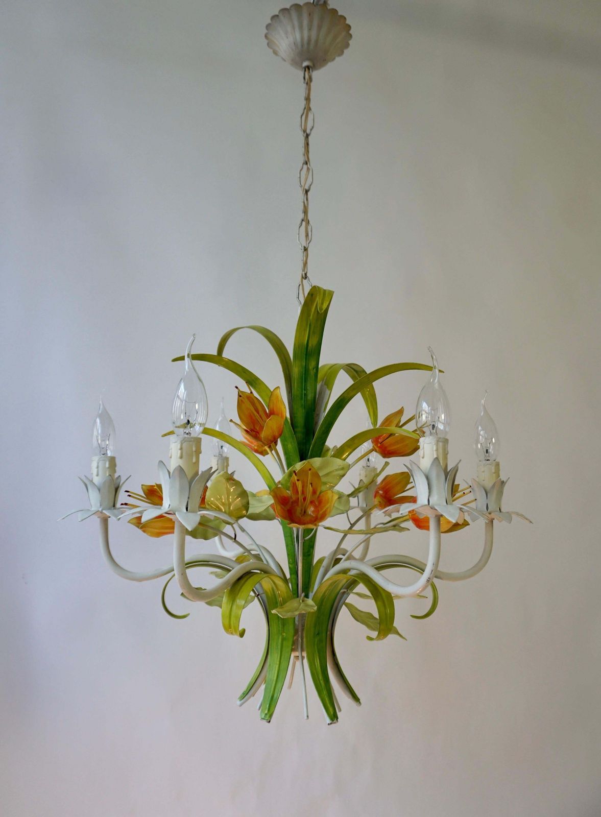 photo furniture 1960s Bright Boho Chic Italian Tole Painted Metal Chandelier With Floral Decor