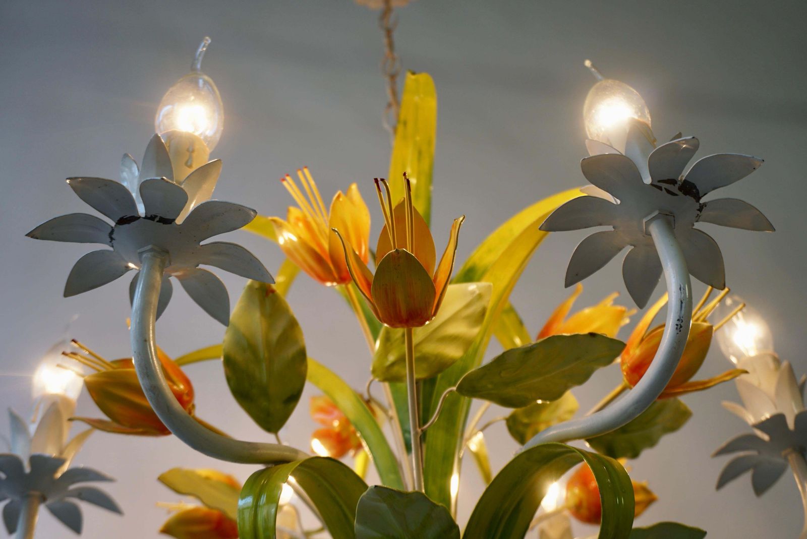 photo vinterior 1960s Bright Boho Chic Italian Tole Painted Metal Chandelier With Floral Decor
