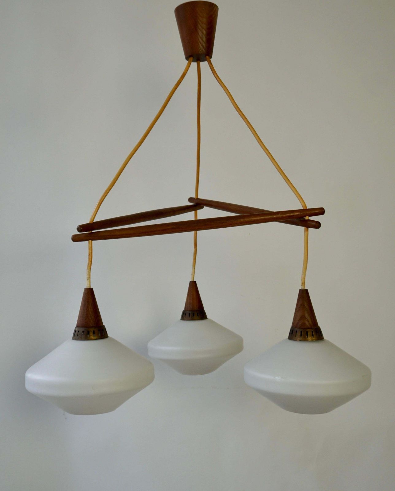 Stunning & Stylish & Rare Mid Century Modern 3 Light Glass & Teakwood Chandelier photo for sale