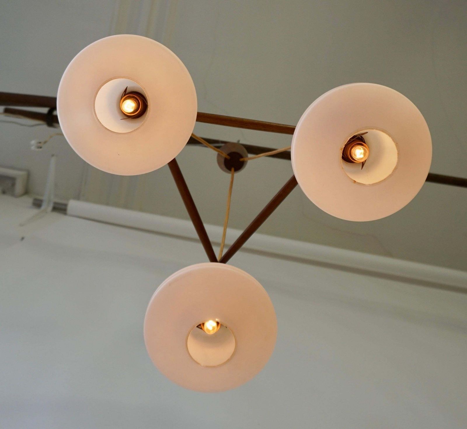 Stunning & Stylish & Rare Mid Century Modern 3 Light Glass & Teakwood Chandelier photo vinterior