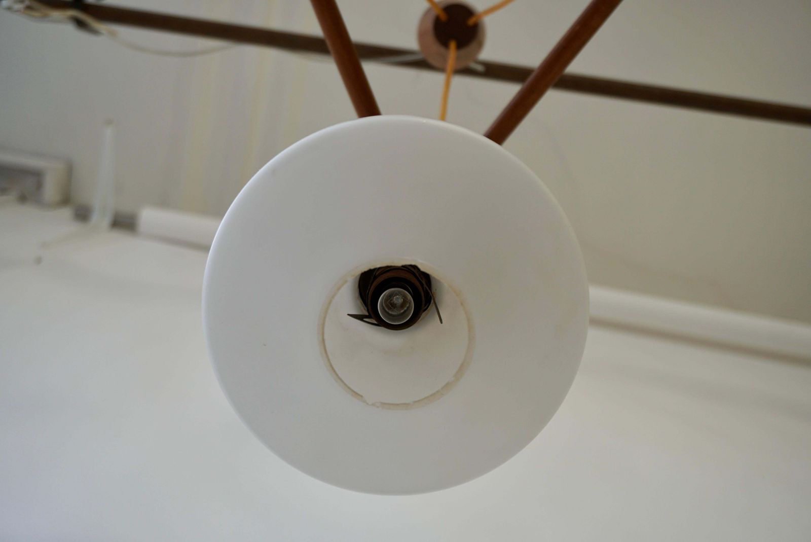 photo furniture Stunning & Stylish & Rare Mid Century Modern 3 Light Glass & Teakwood Chandelier